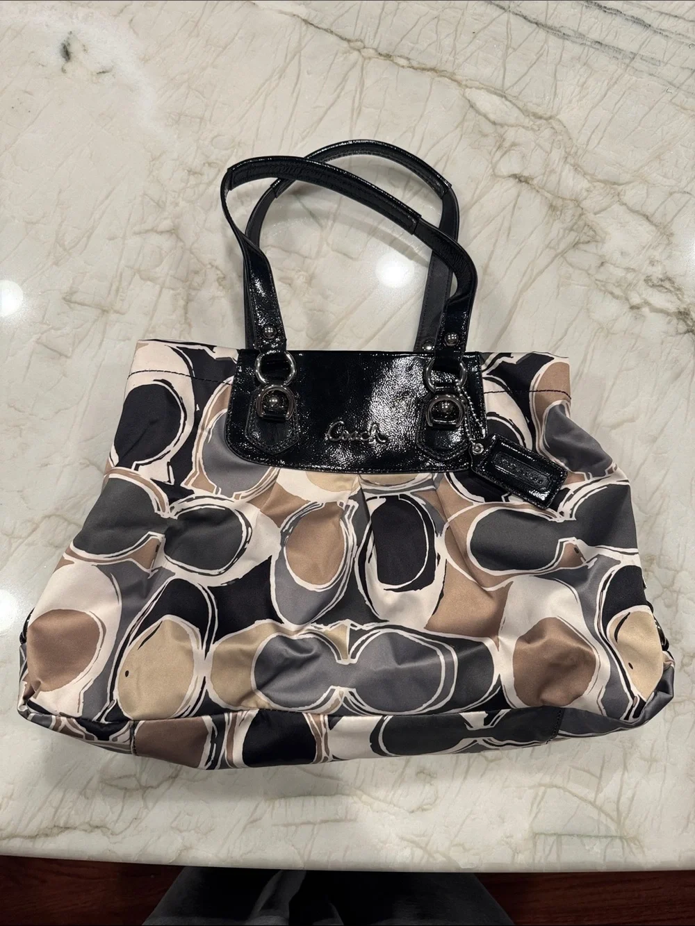 Coach Multicolor Satin Signature Print Tote with Patent Black Trim